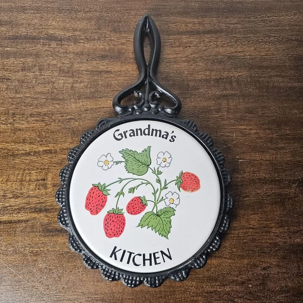 Vintage Grandma’s Kitchen Strawberry Cast Iron & Ceramic Trivet